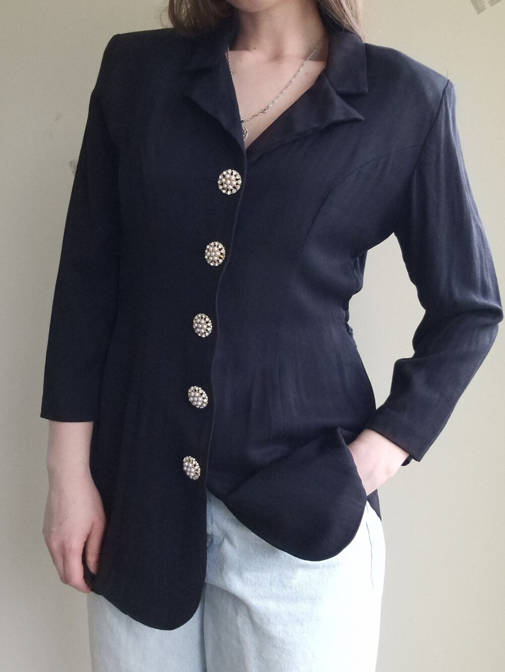 Black Pearl-Button Women's Tailored Blazer Top
